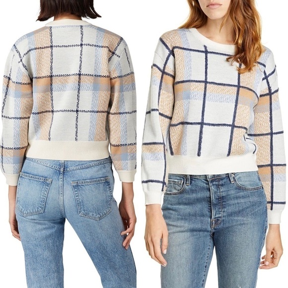 JOIE Wool Plaid Check Knit 3/4 Long Sleeve Crewneck Cropped Pullover Sweater XS - Picture 7 of 14